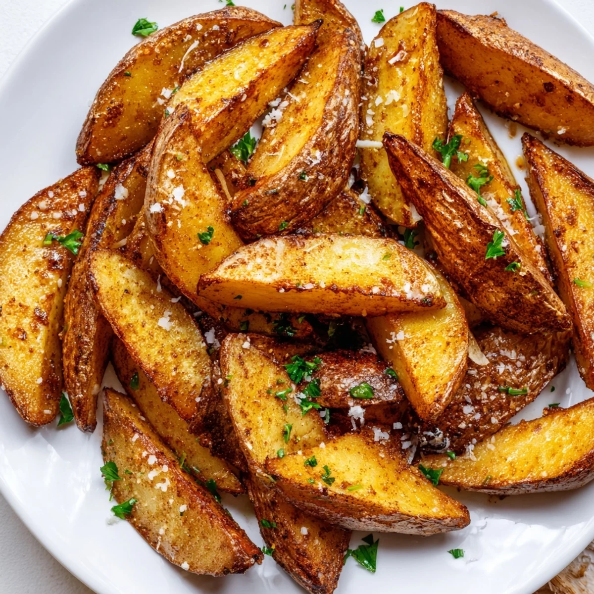 Seasoned Crispy Oven Baked Potato Wedges showing golden edges and fluffy insides on a parchment lined baking sheet.