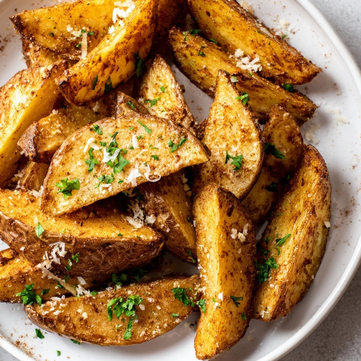 Freshly baked Crispy Oven Baked Potato Wedges served hot with a side of ketchup on a wooden table.