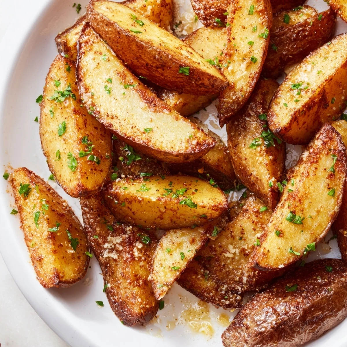 A close up of Crispy Oven Baked Potato Wedges garnished with fresh parsley and grated Parmesan cheese.