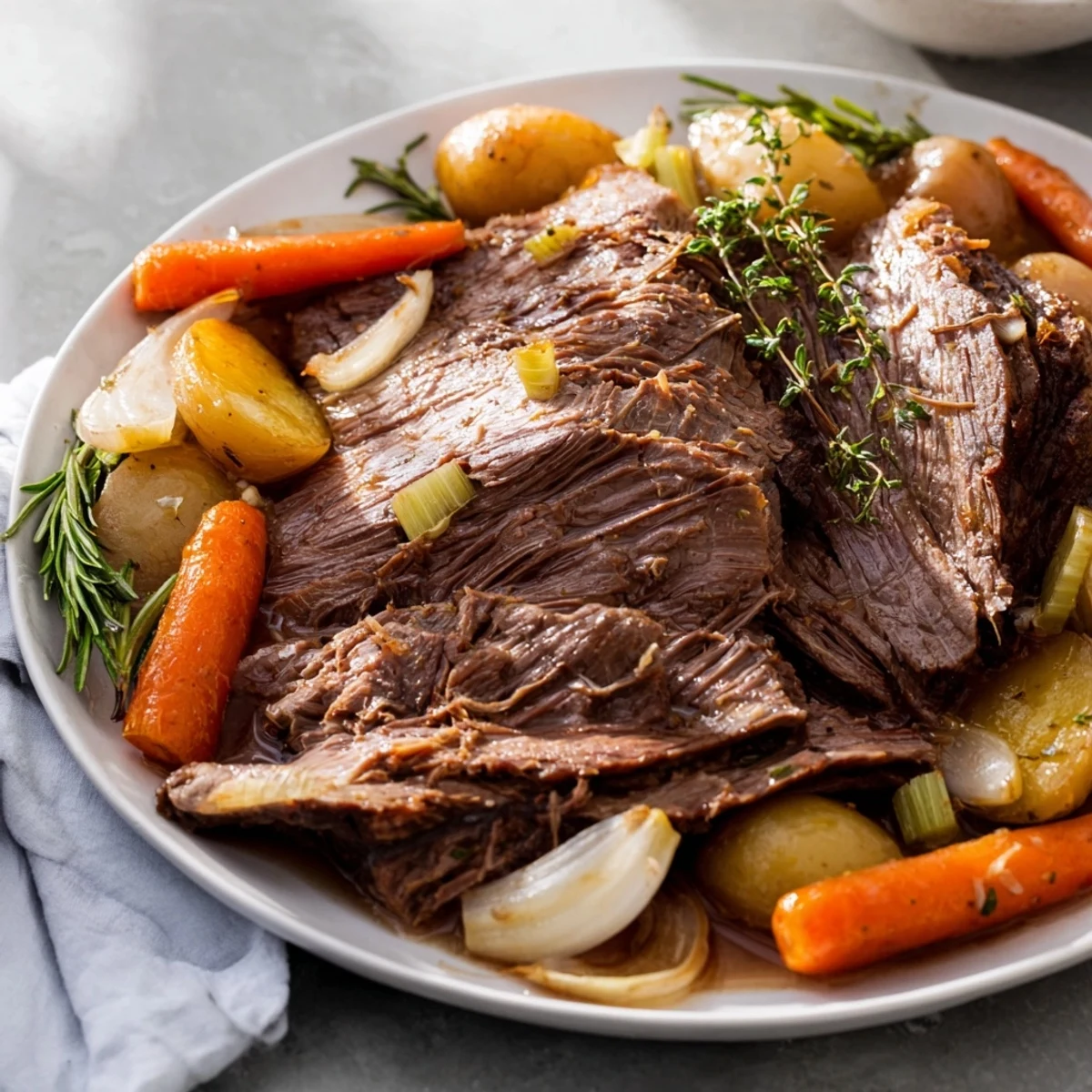 Tender Slow Cooker Pot Roast with Carrots and potatoes, simmered in aromatic herbs and savory juices for a comforting family meal.