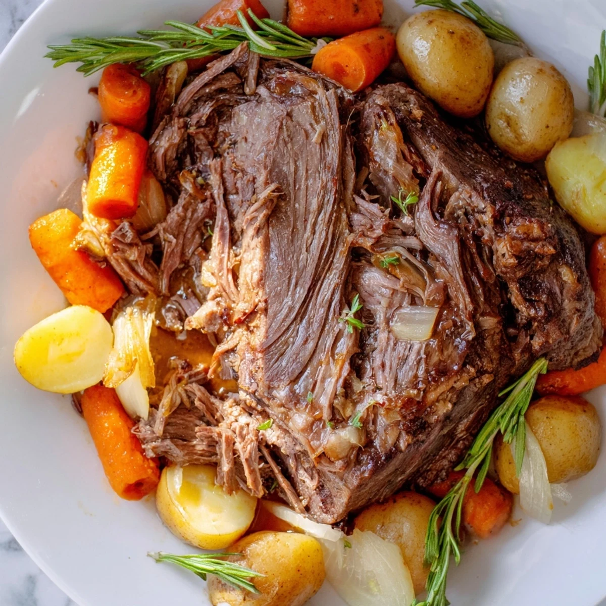 Golden brown Slow Cooker Pot Roast with Carrots, surrounded by soft potatoes and onions, served in a rustic skillet for a hearty dinner.