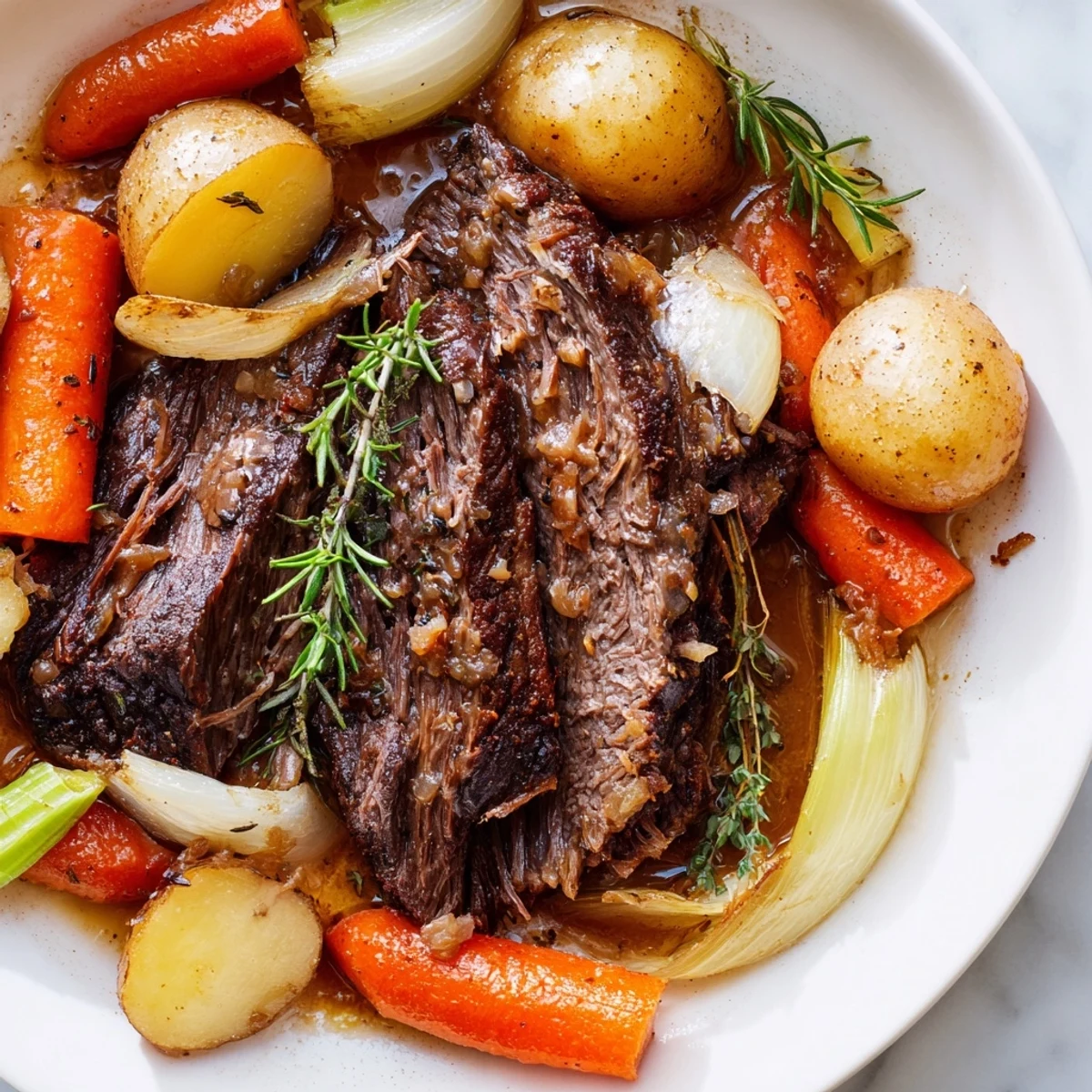 Slow Cooker Pot Roast with Carrots and root vegetables, drizzled with rich pan gravy and garnished with fresh thyme for a flavorful presentation.
