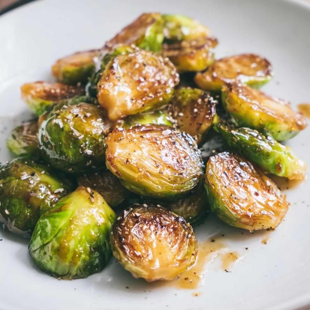 Halved Brussels sprouts with crispy, caramelized edges drizzled with sweet honey and a touch of balsamic.