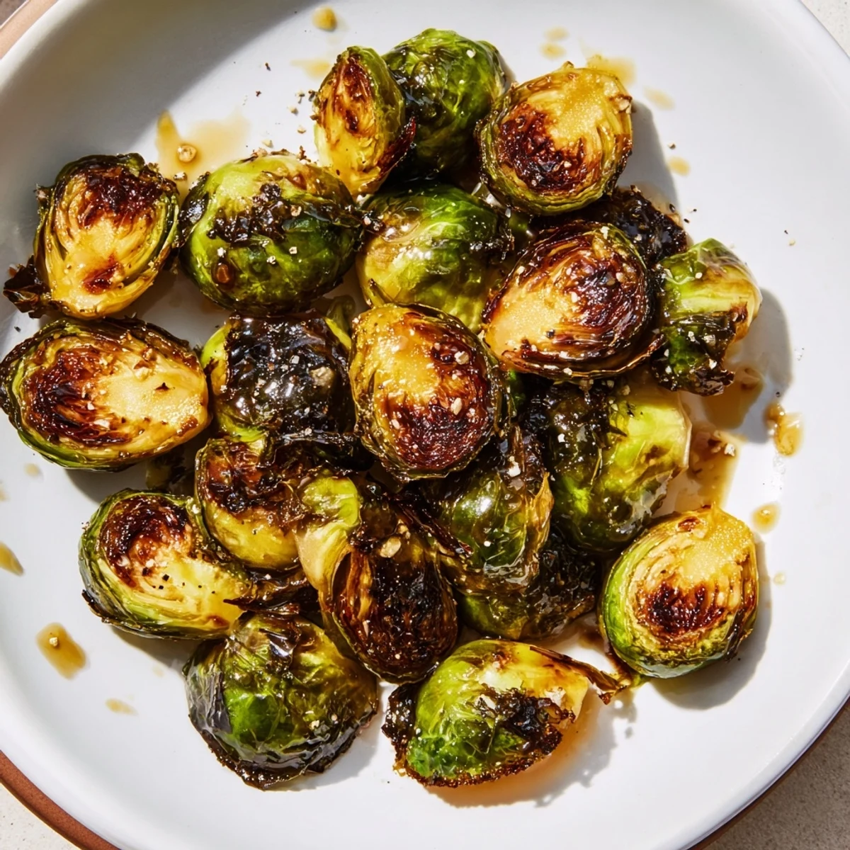 Golden roasted Brussels sprouts glistening with honey on a rustic wooden serving platter, ready to enjoy.
