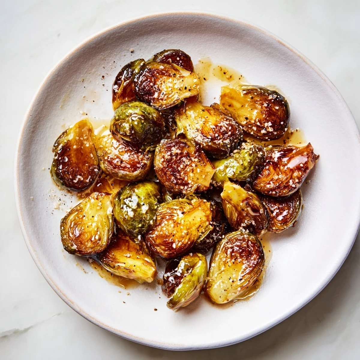 Honey-glazed roasted Brussels sprouts served hot alongside a holiday main course for a festive side dish.