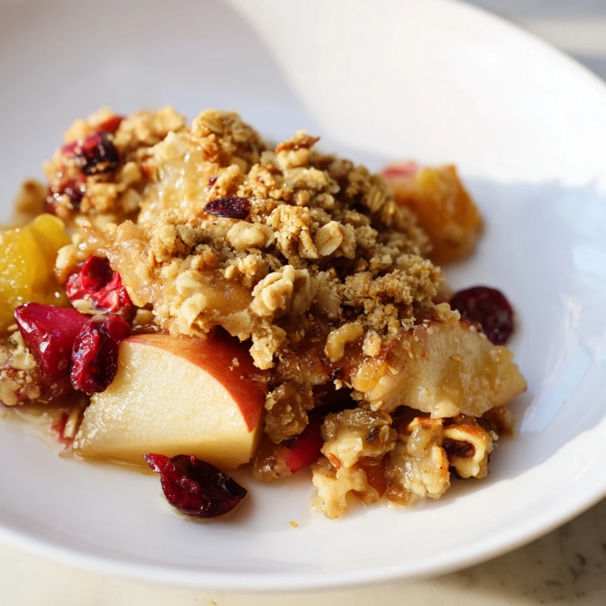 Warm Winter Fruit Crisp with Topping in a baking dish, featuring baked apples, pears, and cranberries under a golden, buttery oat crust.