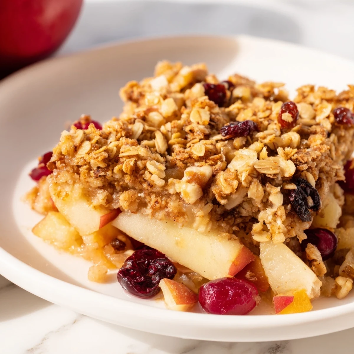 A close-up of Winter Fruit Crisp with Topping revealing bubbling fruit filling and a crunchy oat topping, perfect for a cozy dessert.