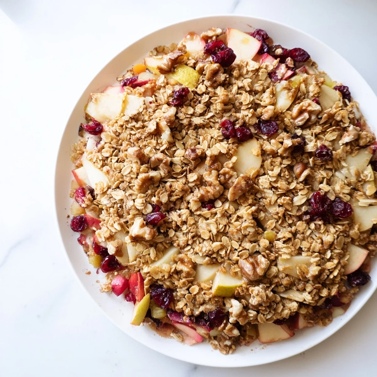 Freshly baked Winter Fruit Crisp with Topping served in a white dish, garnished with a scoop of vanilla ice cream melting on top.