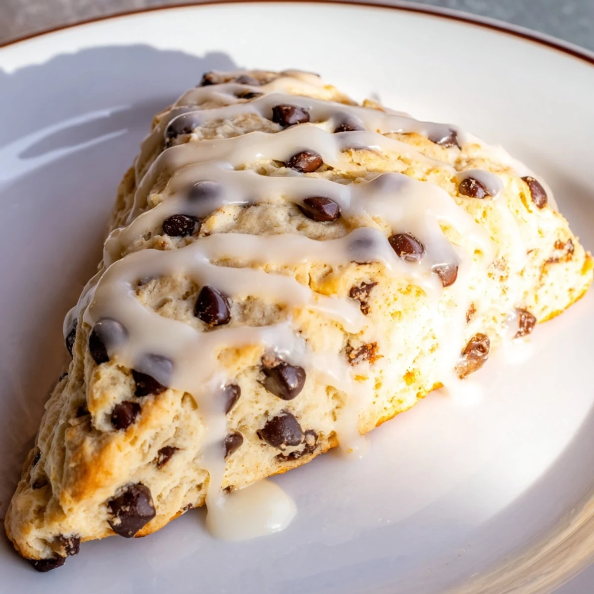 Flaky Chocolate Chip Scones with Glaze cut into wedges on a rustic wooden board, ready to be served with coffee.