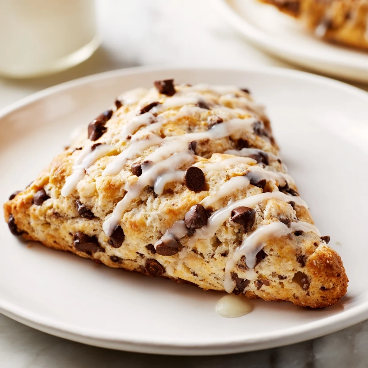 Warm Chocolate Chip Scones with Glaze drizzled generously over the tops, perfect for a cozy breakfast spread. 