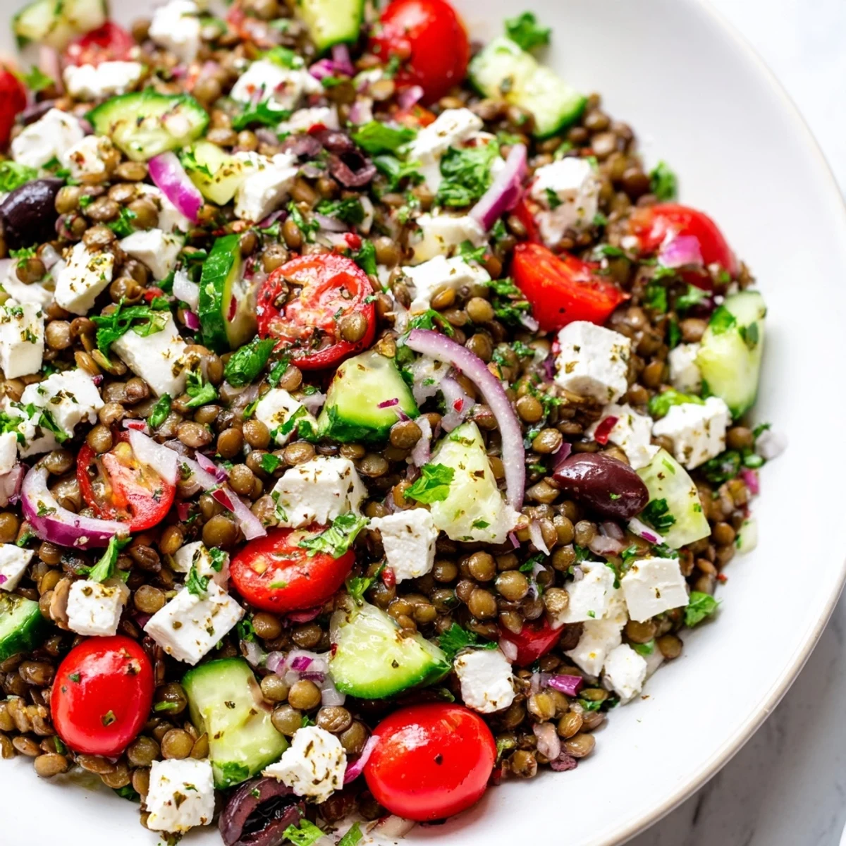 A vibrant bowl of Mediterranean Lentil Salad featuring tender lentils, crisp cucumber, tomatoes, and creamy feta with a lemony dressing.  