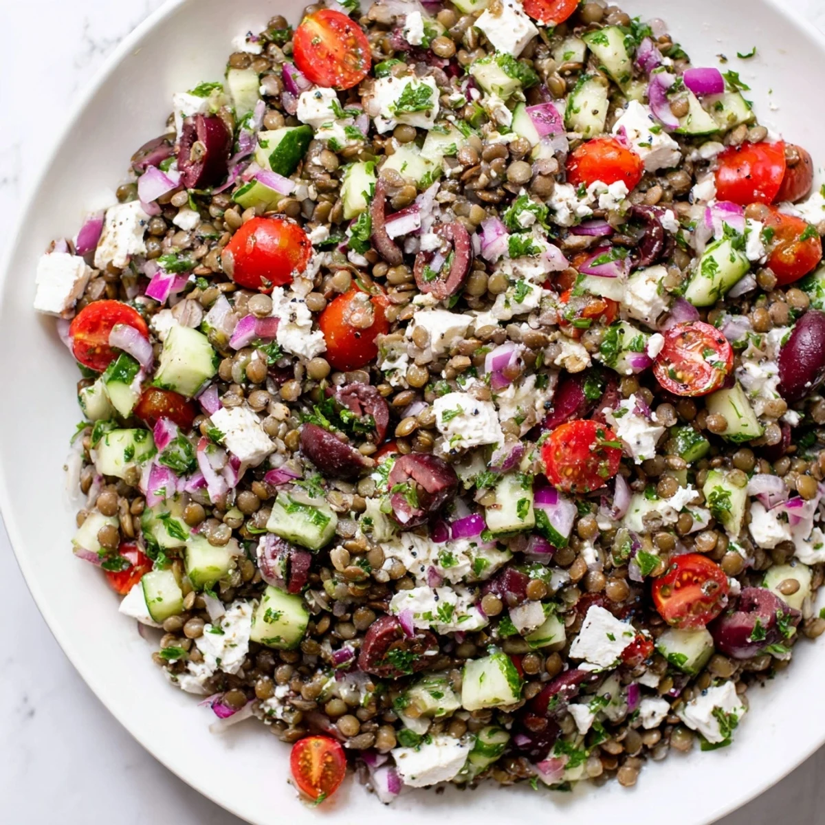 Fresh ingredients for Mediterranean Lentil Salad including bell peppers, olives, and herbs tossed in a zesty vinaigrette for flavor.  