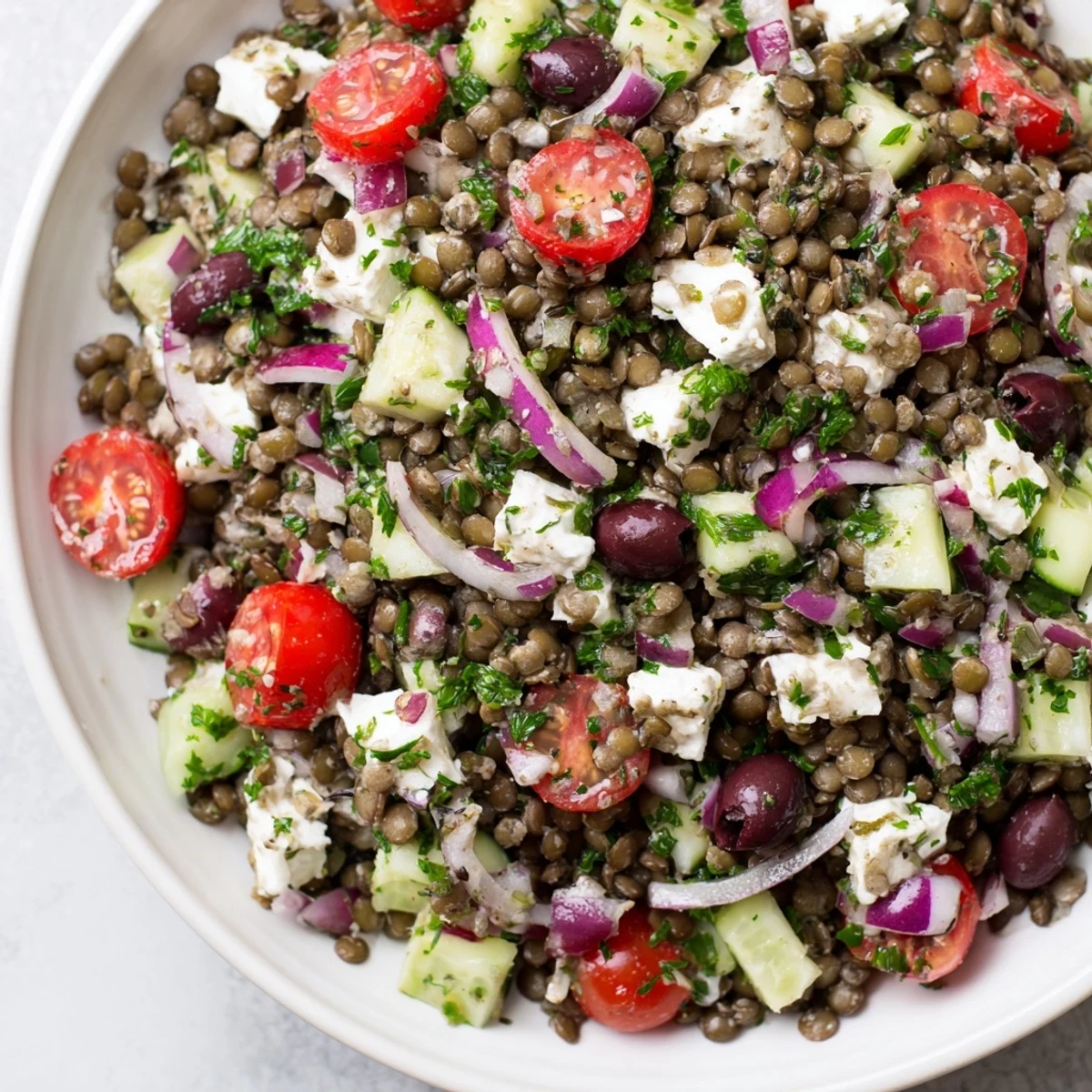 Chilled Mediterranean Lentil Salad served as a protein-packed lunch or side, topped with crumbled feta and fresh mint leaves.