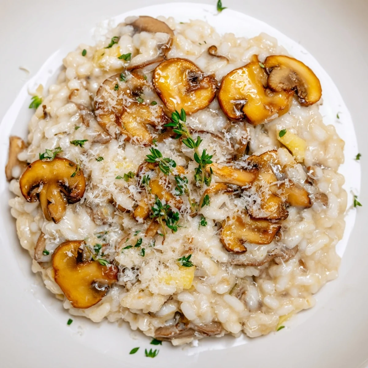 A serving of Creamy Mushroom Risotto with Parmesan beside a glass of white wine on a rustic table.