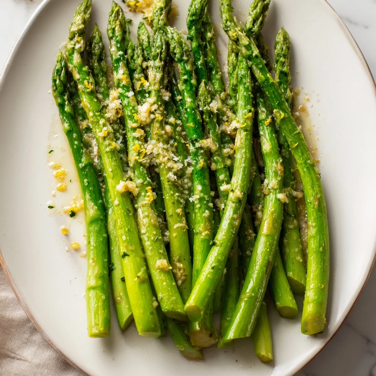 Freshly cooked Lemon Garlic Asparagus with Parmesan garnished with lemon slices, served alongside a grilled chicken breast on a rustic plate.
