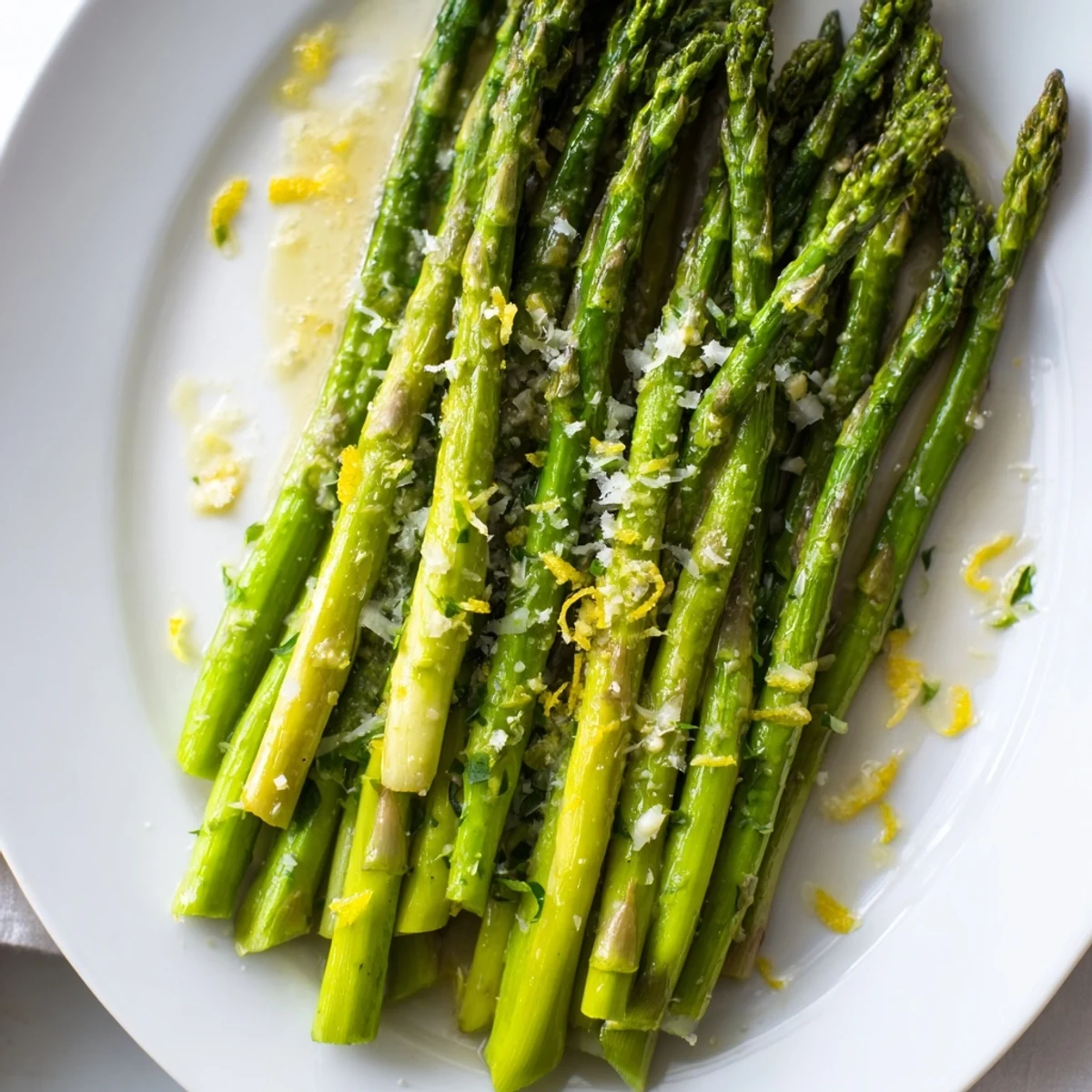Bright green asparagus spears sizzling in a skillet with minced garlic and lemon zest, ready to be tossed with grated Parmesan cheese.