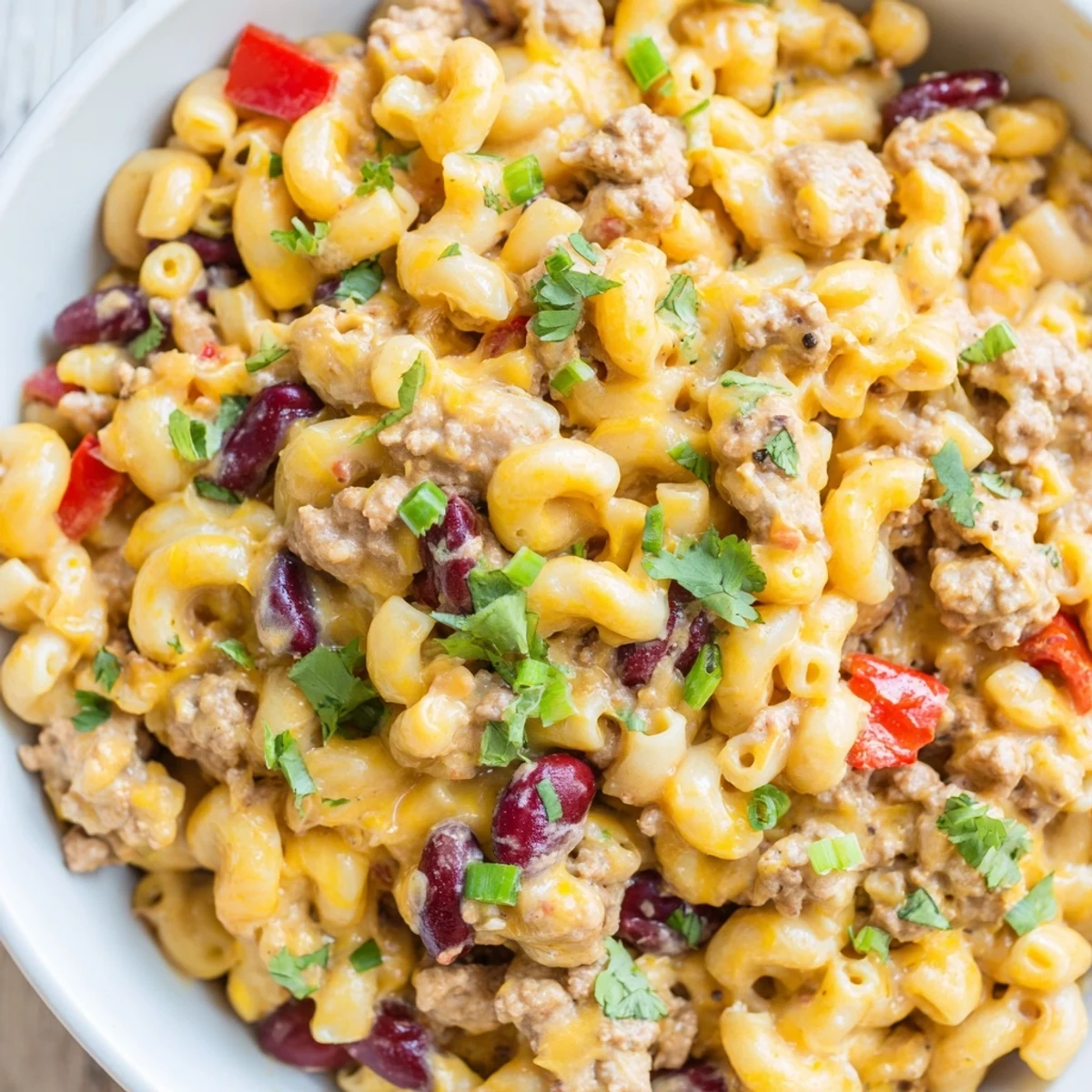 A steaming bowl of Turkey Chili Mac and Cheese topped with melted cheddar, green onions, and a dollop of sour cream.  
