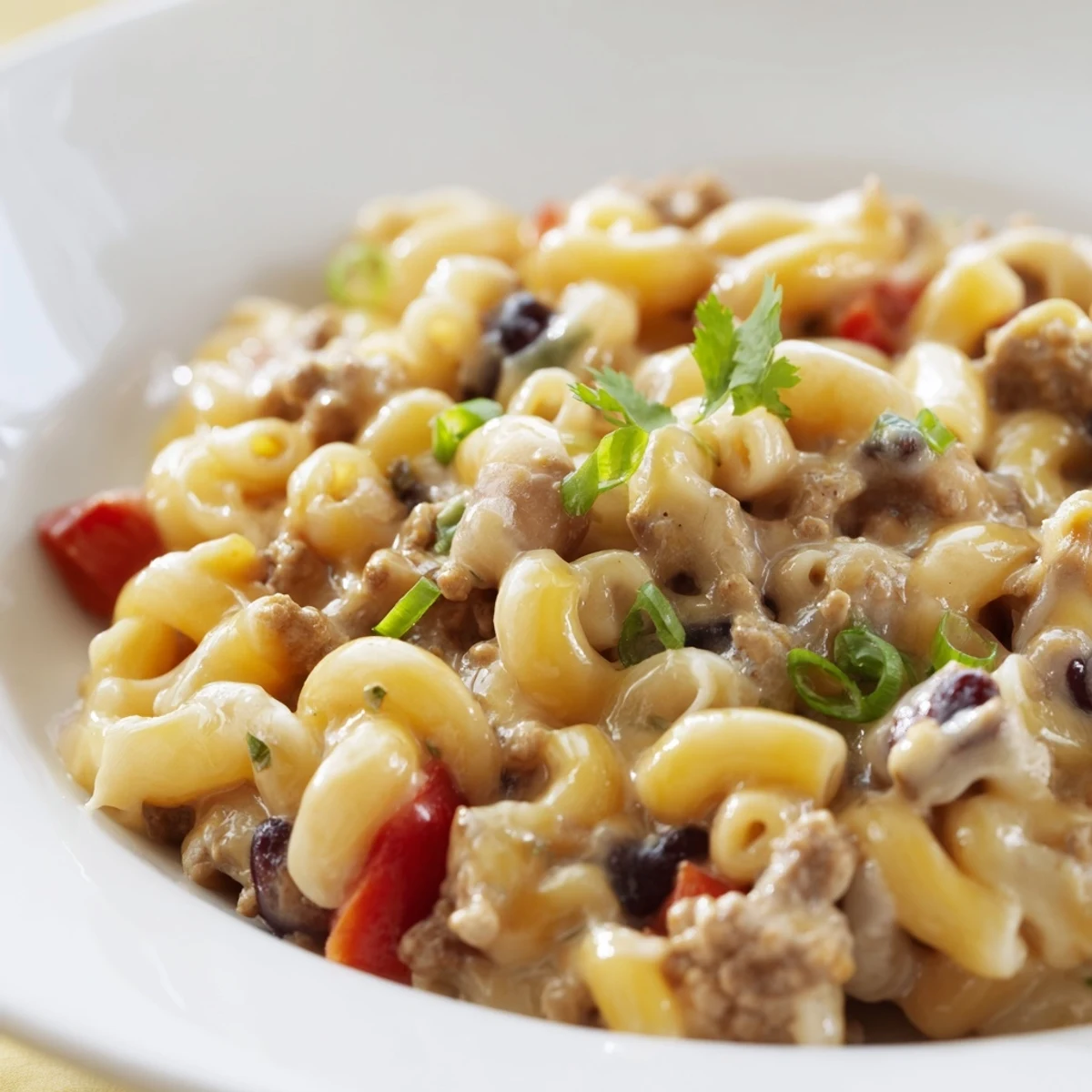 Close-up of Turkey Chili Mac and Cheese with melted cheese and fresh cilantro, perfect for a cozy weeknight family dinner.