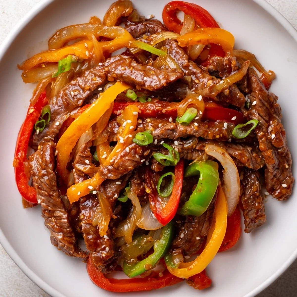 A close-up view of spicy beef and pepper stir fry, featuring marinated beef and vibrant bell peppers tossed in a savory, spicy sauce.