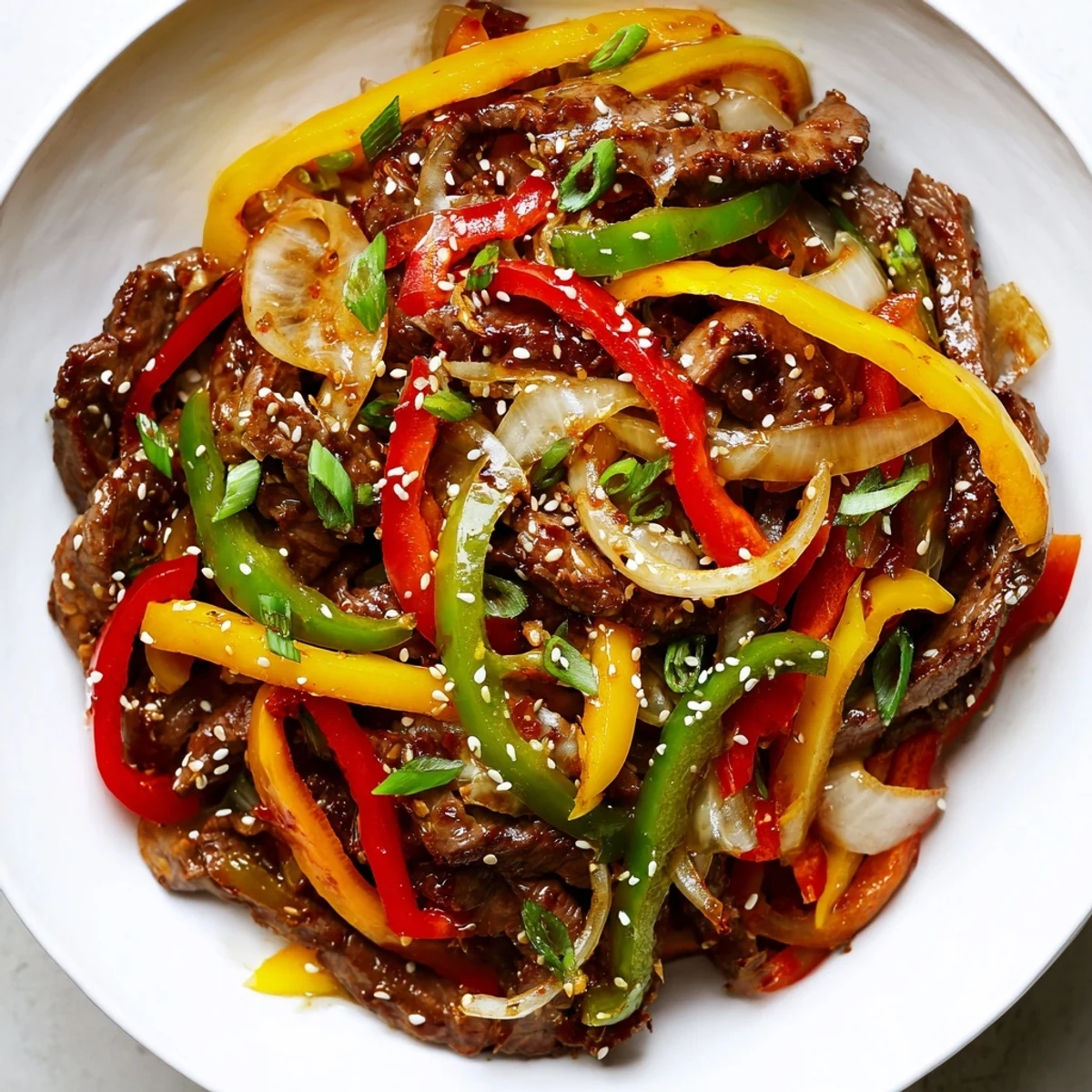 Sizzling spicy beef and pepper stir fry with colorful bell peppers and tender beef strips in a glossy sauce, ready to serve over steamed rice.