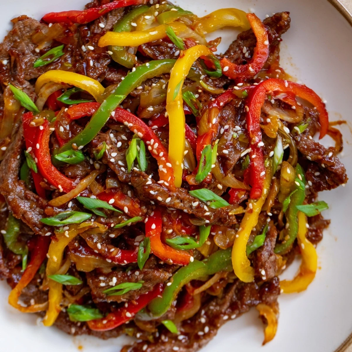 Freshly cooked spicy beef and pepper stir fry garnished with green onions and sesame seeds, perfect for a quick weeknight dinner over white rice.