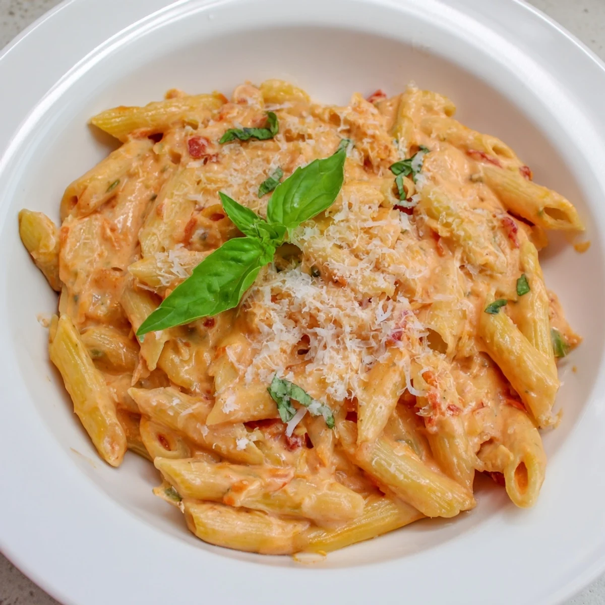 Golden penne coated in a luscious, creamy tomato basil pasta sauce, garnished with fresh basil and grated Parmesan.