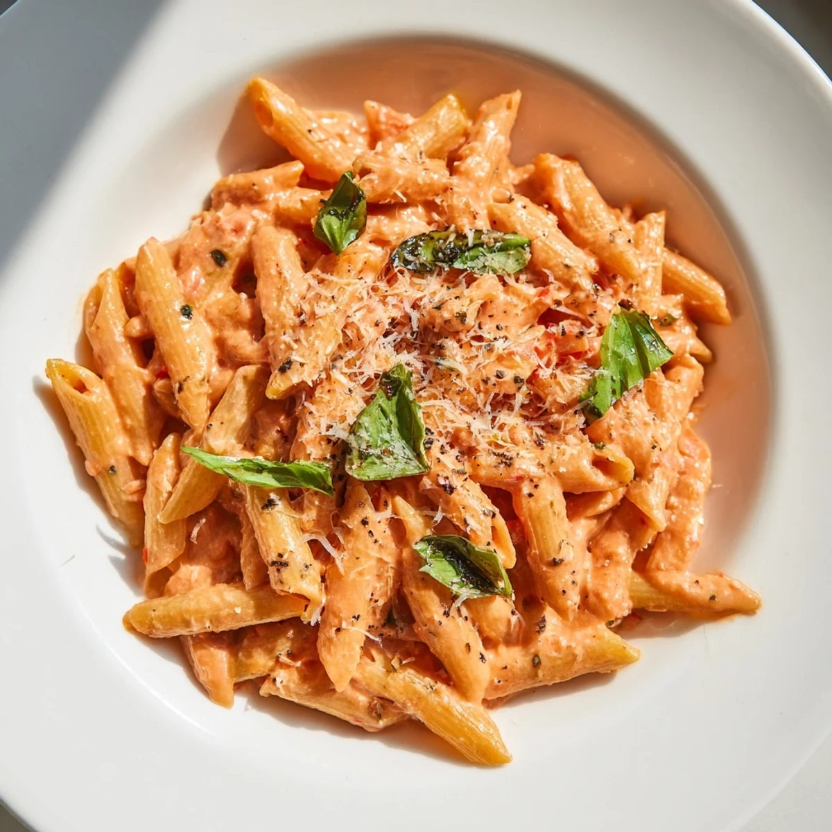 A close-up of steaming creamy tomato basil pasta in a shallow bowl, ready for a quick and comforting weeknight dinner.