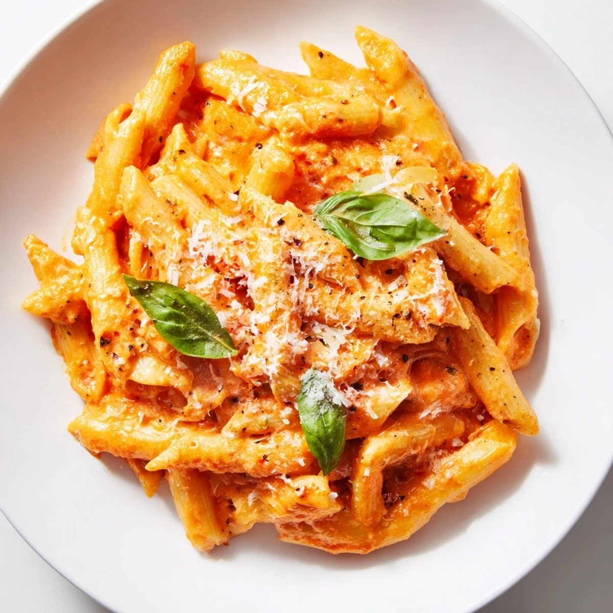 Vibrant red tomato sauce and green basil leaves on al dente pasta, served with a side salad and crusty bread.