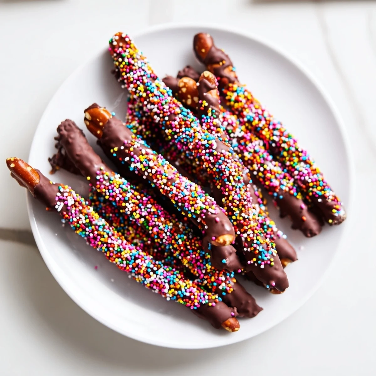 Crispy pretzel rods half-dipped in smooth melted chocolate and topped with vibrant rainbow sprinkles, ready for a party platter.