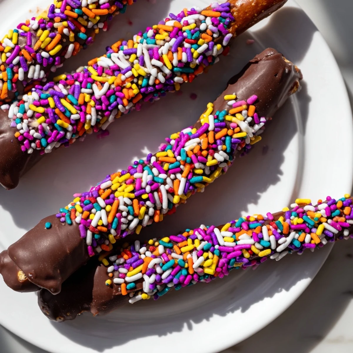 Homemade Chocolate Covered Pretzels with Sprinkles arranged on a parchment-lined tray, glistening with chocolate and perfect for holiday snacking.