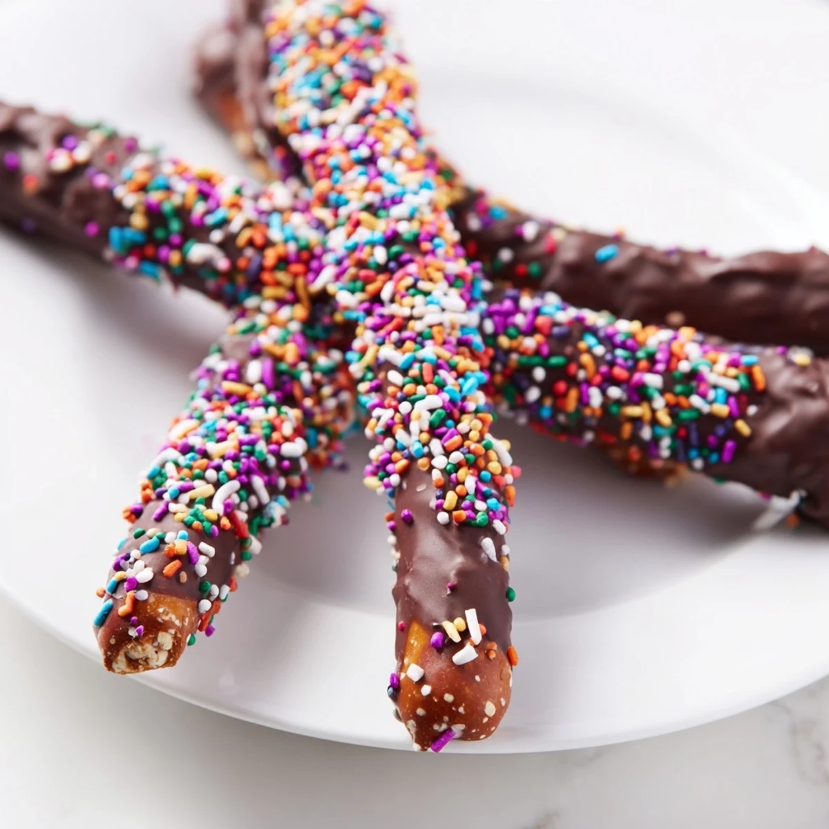 A close-up view of Chocolate Covered Pretzels with Sprinkles, showcasing glossy chocolate coating and festive colorful toppings on each rod.