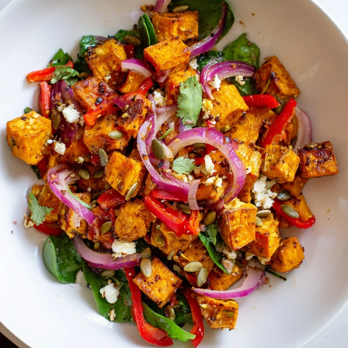 Golden roasted sweet potato cubes, tossed with fresh spinach and red onion in a zesty lime vinaigrette.