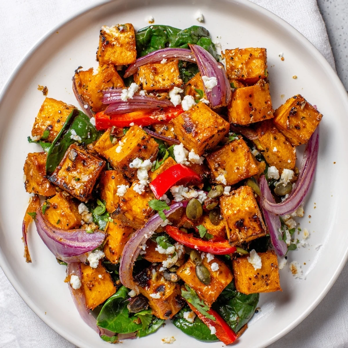 A vibrant serving of Roasted Sweet Potato Salad topped with crumbled feta and crunchy toasted pumpkin seeds.