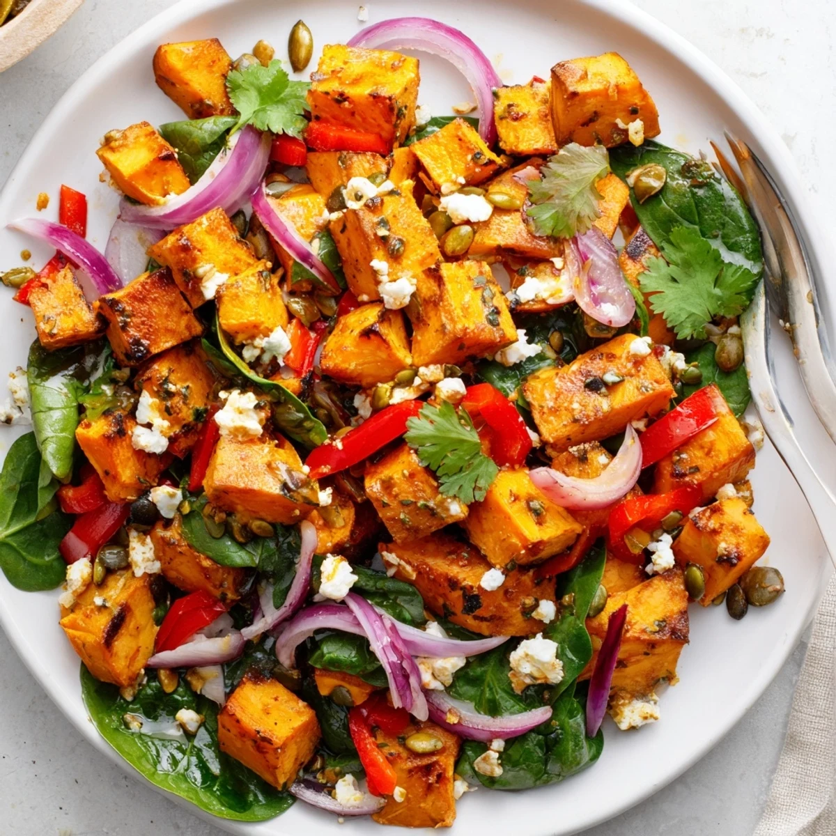 Close-up of caramelized sweet potato cubes in Roasted Sweet Potato Salad with bright cilantro and tangy lime dressing.