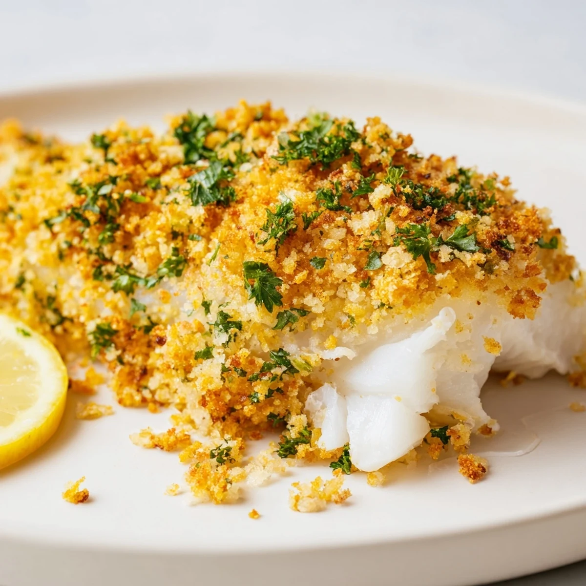 Golden-brown baked cod with a crispy panko crust, served with lemon wedges on a rustic plate.  