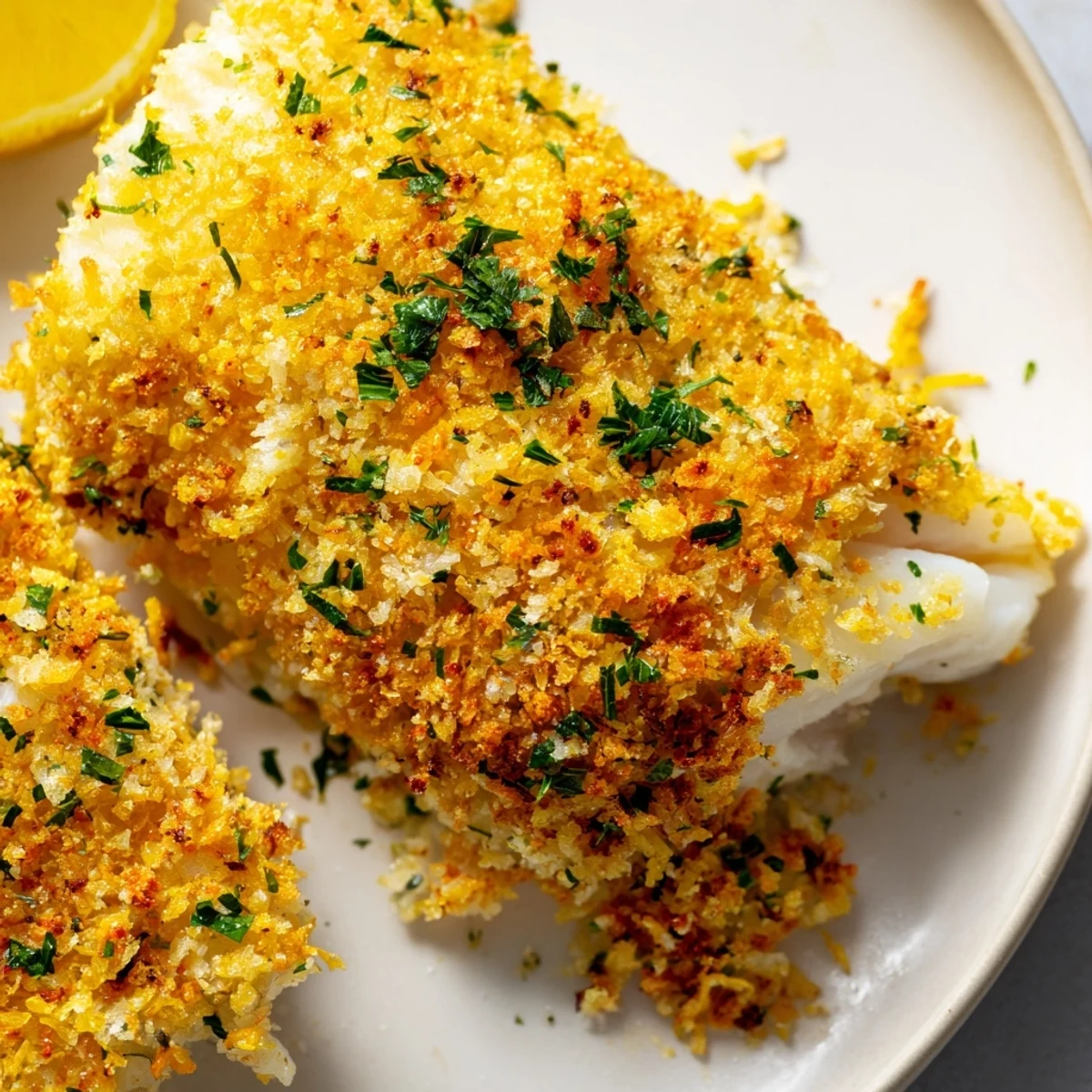 Flaky white fish with a crunchy herb crust, ideal for a quick and light dinner.