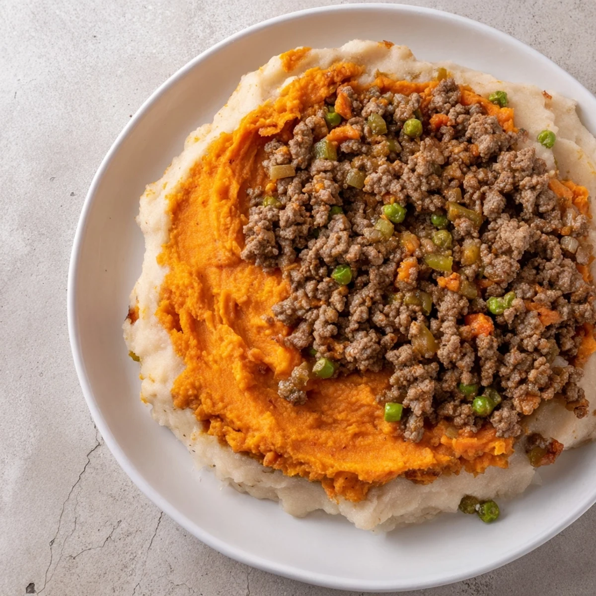 A hearty serving of Beef Shepherds Pie with Sweet Potato, featuring a golden-brown, creamy sweet potato topping over savory beef and vegetable filling.