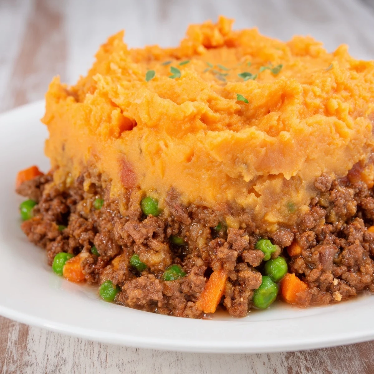 Golden-brown mashed sweet potatoes blanket a rich layer of seasoned ground beef and peas in this comforting Beef Shepherds Pie.