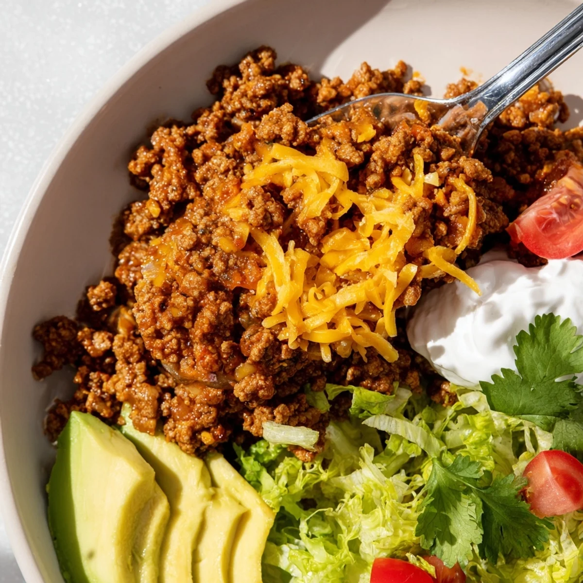 Homemade Mexican-style beef tacos piled high with savory meat, melted cheddar, crisp vegetables, and creamy avocado on pliable soft tortillas for a delicious meal.