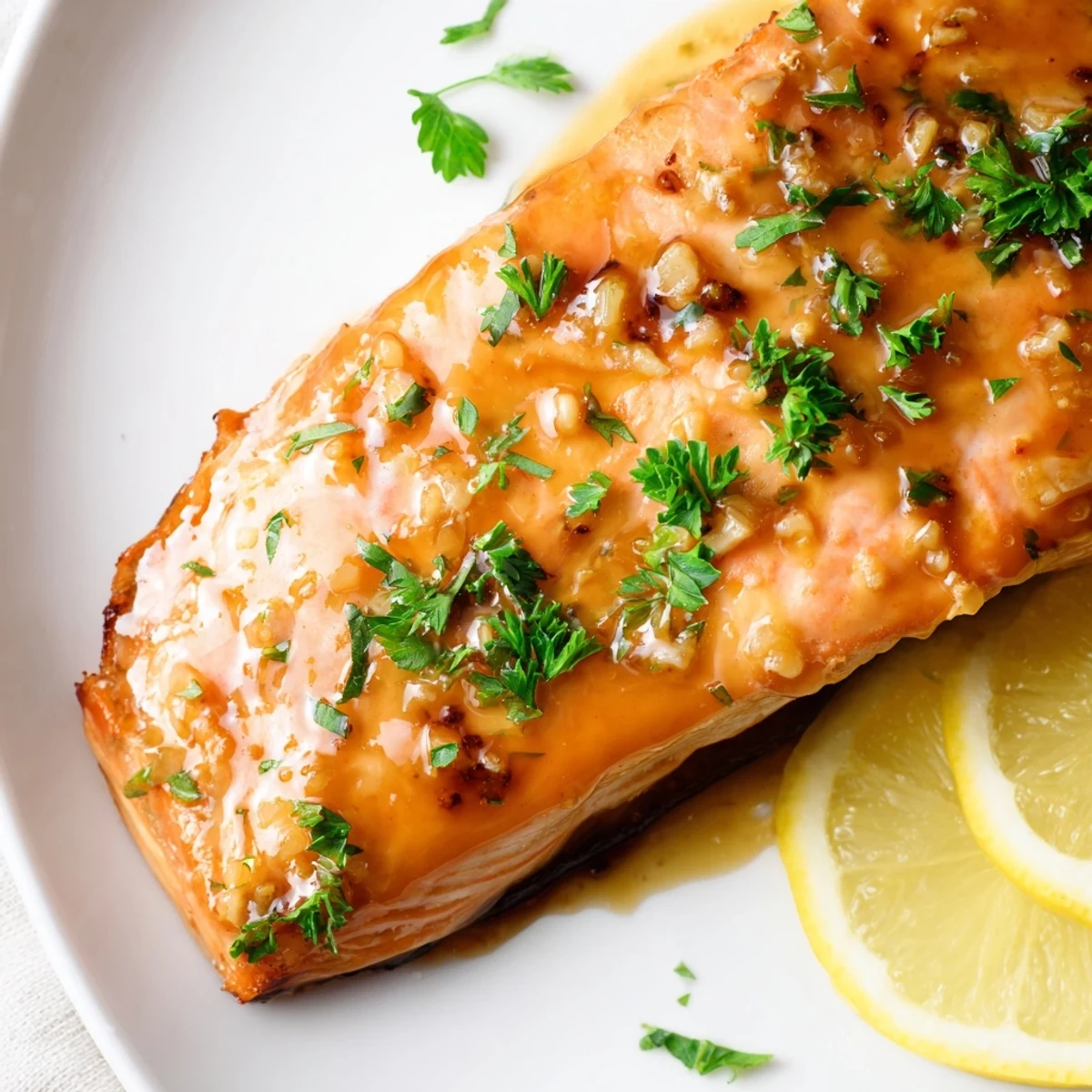 Fork-tender Baked Salmon with Maple Glaze rests on a white plate, garnished with fresh parsley and lemon wedges for a bright, tangy finish.
