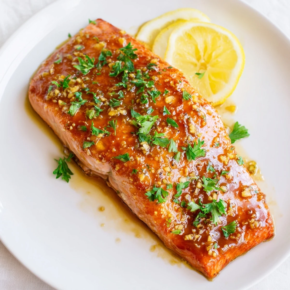 Golden-brown Baked Salmon with Maple Glaze brushed with sticky glaze, served alongside roasted asparagus for a complete, healthy weeknight dinner plate.