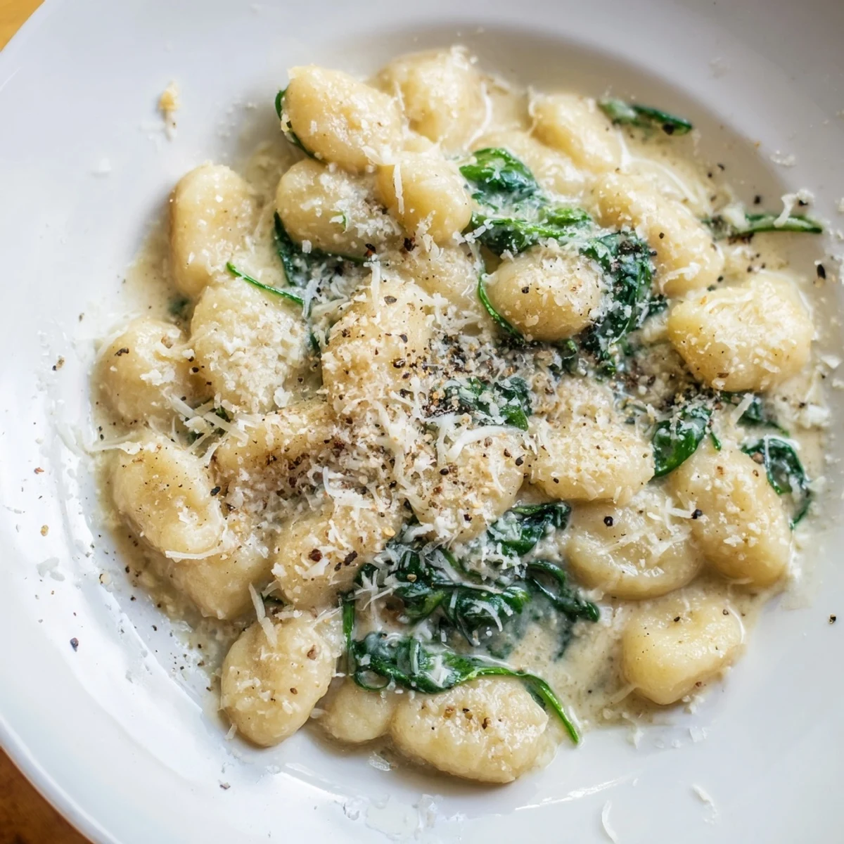 Creamy Gnocchi with Spinach served in a skillet, featuring tender potato dumplings in a velvety garlic cream sauce.