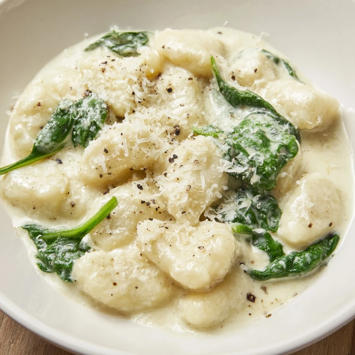 Steaming Creamy Gnocchi with Spinach coated in rich sauce, ready to eat with a side salad.