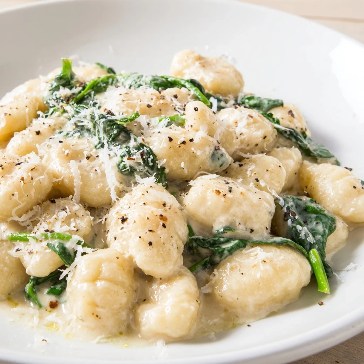 Freshly wilted spinach and grated Parmesan garnish this warm Creamy Gnocchi with Spinach, perfect for dinner.