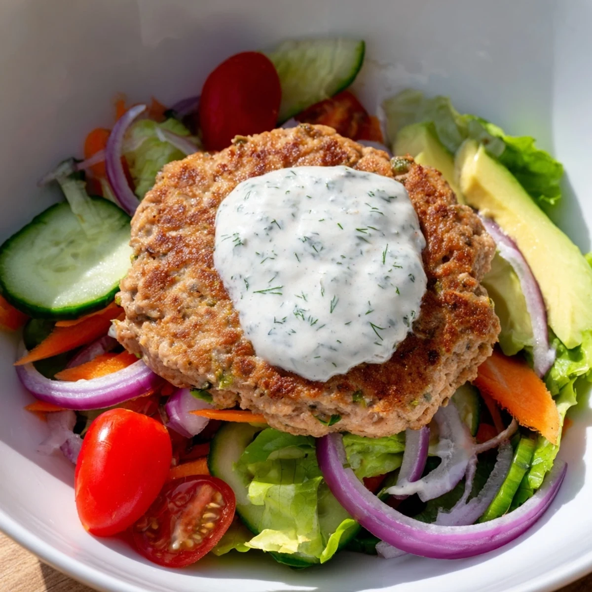 Golden turkey patty resting on a vibrant salad with tomatoes, cucumbers, and shredded carrot.