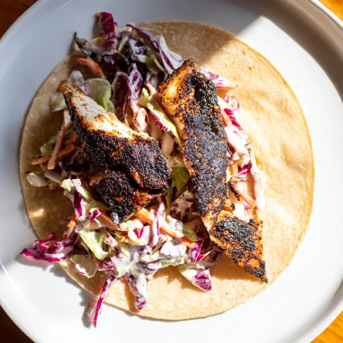 Four warm tortillas are stuffed with seasoned fish fillets and crunchy purple cabbage slaw, showcasing vibrant Tex-Mex flavors.
