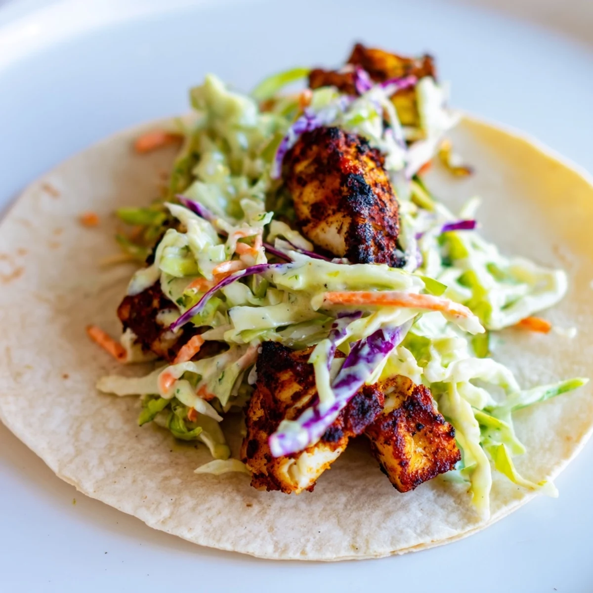 Close-up of Blackened Fish Tacos with Slaw featuring charred fish chunks and creamy dressing drizzled over fresh ingredients.