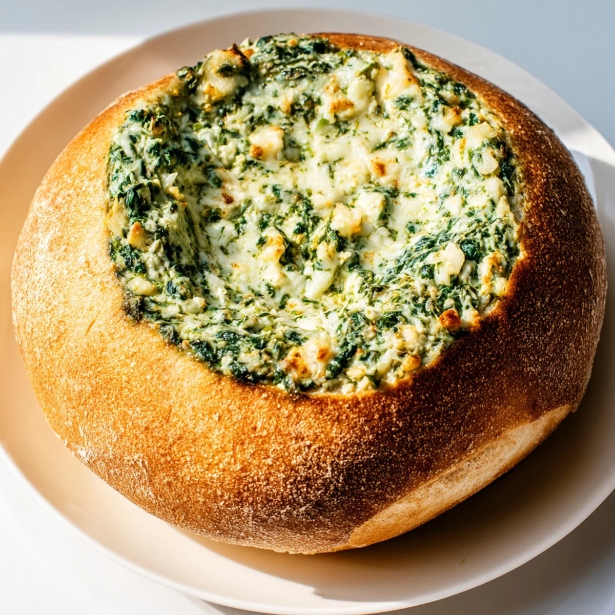 A fully loaded Spinach Dip in Sourdough Bread Bowl overflowing with creamy spinach and melted cheese, surrounded by colorful veggie sticks.