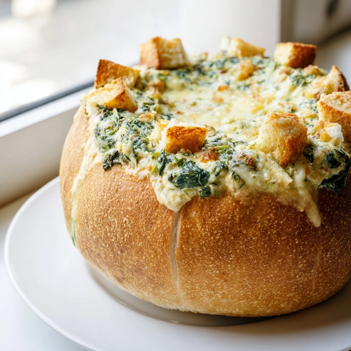 Golden, bubbly Spinach Dip in Sourdough Bread Bowl fresh from the oven, served warm with crusty bread pieces for dipping.