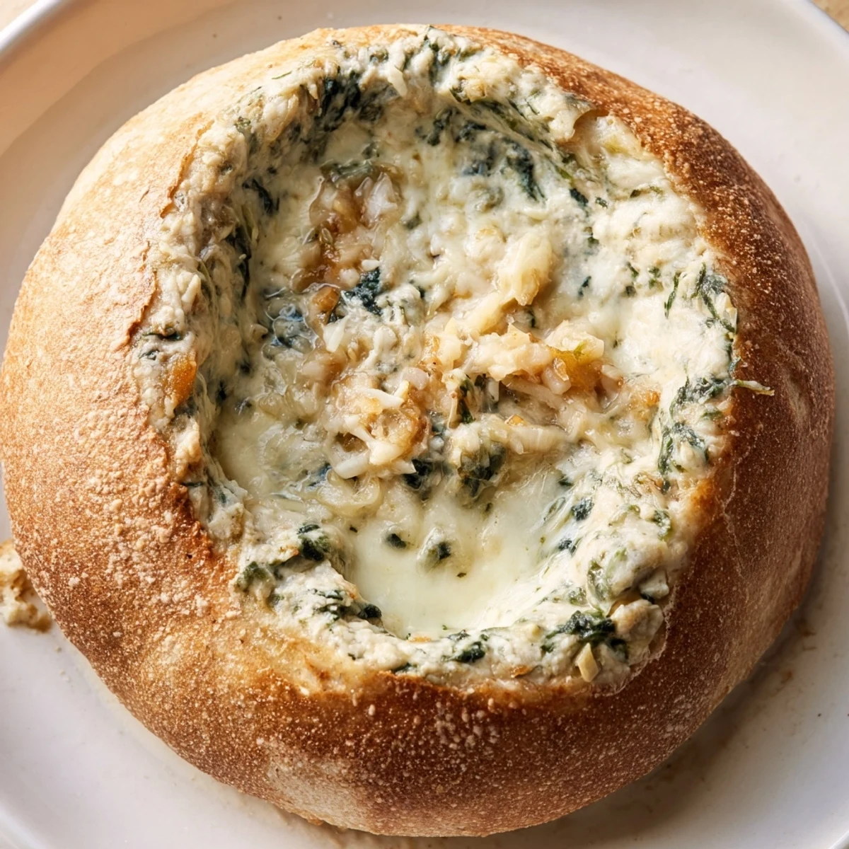 Close-up of Spinach Dip in Sourdough Bread Bowl revealing a rich, cheesy texture, perfect for a cozy game day appetizer spread.